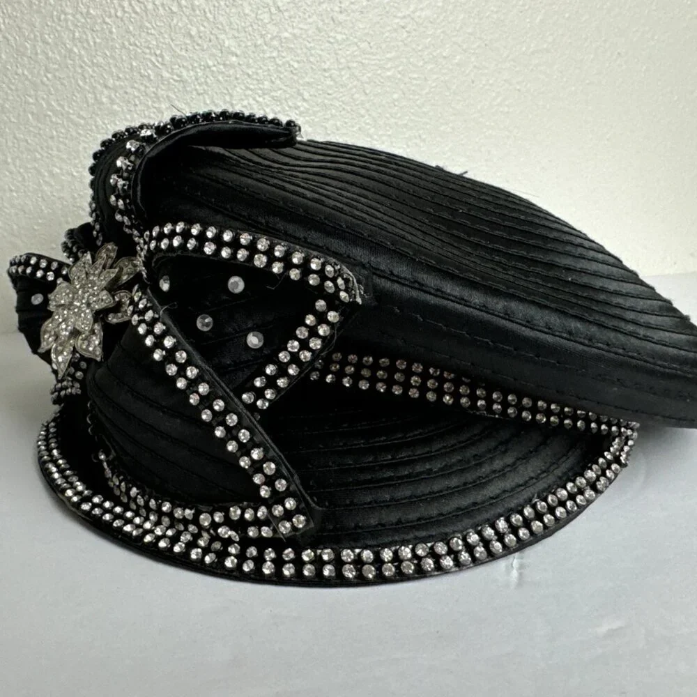 Satin Black Beret Cap Hat  w / Rhinestones
